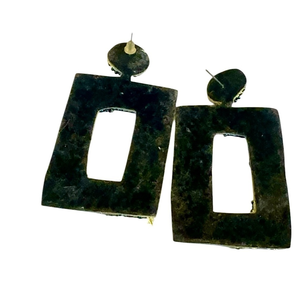 Iridescent Blue Rhinestone Dangle Earrings Large Rectangular Blue Drop Statement - Picture 2 of 4